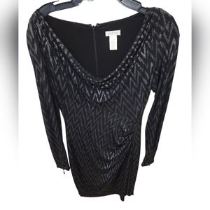 CACHE BLACK/SILVER RUSHED LONG SLEEVE SIDE ZIPPER SWOOP NECK DRESS